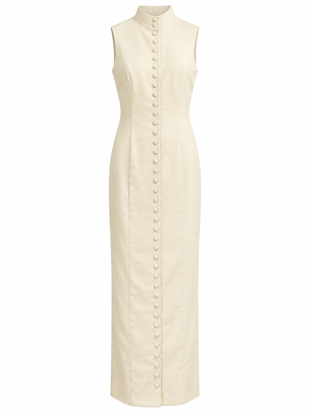 Sleeveless Cream Maxi Dress with Mandarin Collar and Covered Buttons